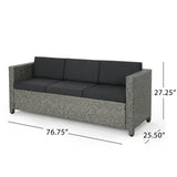 Puerta Outdoor Wicker 3 Seater Sofa, Mixed Black with Dark Grey Cushions Noble House