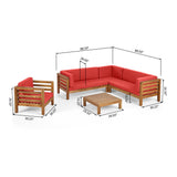 Oana Outdoor 6 Seater Acacia Wood Sectional Sofa and Club Chair Set, Teak Finish and Red Noble House