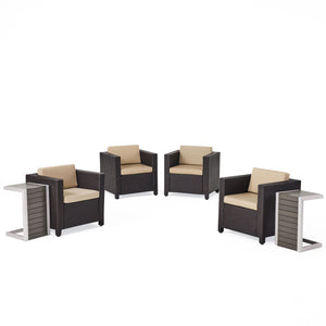 Noble House Puerta Outdoor 4 Piece Dark Brown Wicker Club Chairs with Beige Cushions and 2 Natural Finish  Polymer Blended Wood C-Shaped Tables