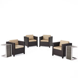 Puerta Outdoor 4 Piece Dark Brown Wicker Club Chairs with Beige Cushions and 2 Natural Finish  Polymer Blended Wood C-Shaped Tables