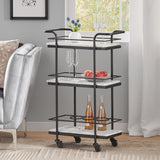 Noble House Henri Modern Glam 3 Tier Bar Cart with Marble Shelving, Silver and White