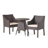 Noble House Franco Outdoor 3 Piece Multibrown Wicker Round Dining Set with Beige Water Resistant Cushions