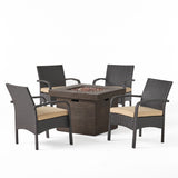 Cordoba Patio Fire Pit Set, 4-Seater with Club Chairs, Wicker with Outdoor Cushions, Brown, Tan, Brown Noble House