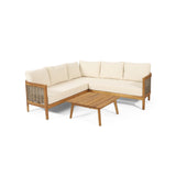 Burchett Outdoor Acacia Wood and Round Wicker 5 Seater Sectional Sofa Chat Set with Cushions, Teak, Mixed Brown, and Beige