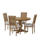 Noble House Remuda French Country Upholstered Wood and Cane 5 Piece Circular Dining Set, Natural and Light Gray