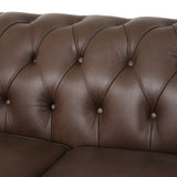 Litch Chesterfield Leather Tufted 3 Seater Sofa with Nailhead Trim, Dark Brown and Brown Noble House