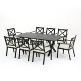 Noble House Exuma Outdoor 9 Piece Black Cast Aluminum Dining set with Expandable Dining Table and Ivory Water Resistant Cushions