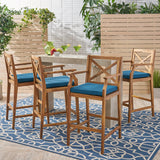 Noble House Perla Outdoor Acacia Wood Barstools, Teak Finish and Blue (Set of 4)