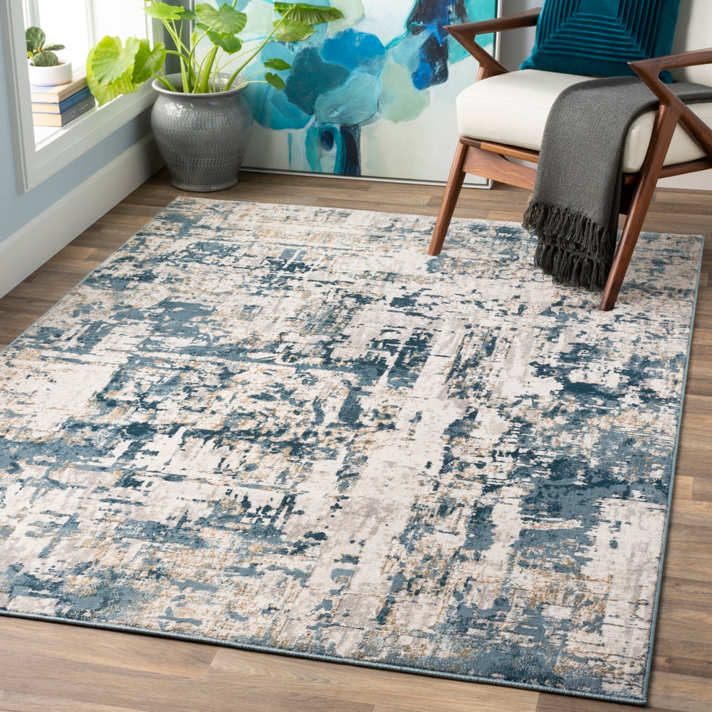 Quatro QUA-2303 Modern Polypropylene, Polyester Rug QUA2303-93123 Denim, Dark Blue, Medium Gray, Beige, Tan, White 60% Polypropylene, 40% Polyester 9' x 12'4"