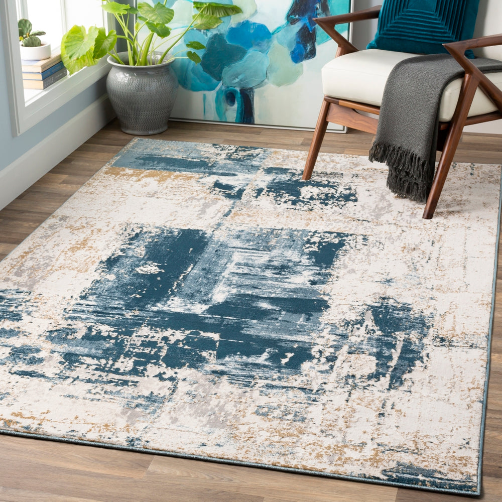 Quatro QUA-2310 Modern Polypropylene, Polyester Rug QUA2310-93123 Dark Blue, Denim, White, Medium Gray, Tan, Beige 60% Polypropylene, 40% Polyester 9' x 12'4"