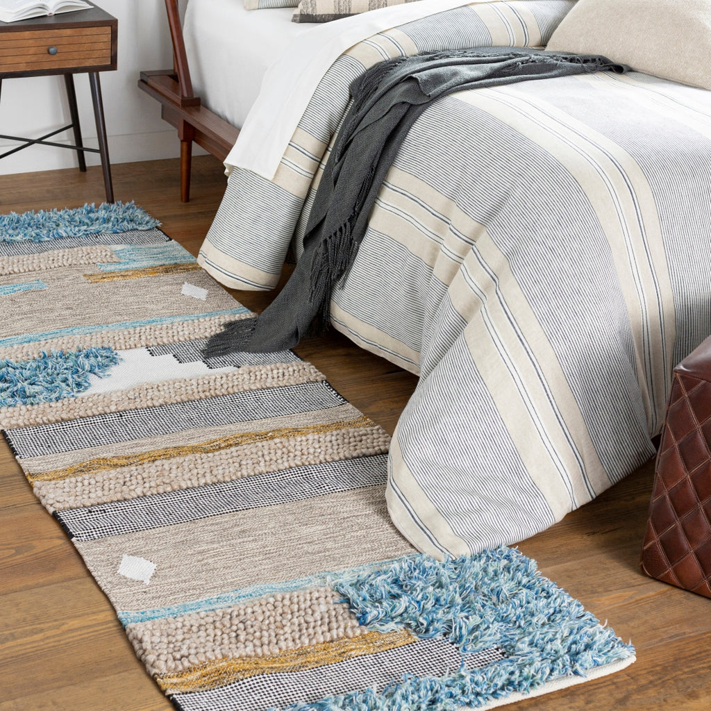 Quenby QUE-2301 Global Wool, Polyester, Cotton Rug QUE2301-268 Black, White, Mustard, Dark Brown, Charcoal, Beige, Dark Blue, Navy, Aqua, Mint, Taupe, Sky Blue, Light Gray, Ivory 55% Wool, 25% Polyester, 20% Cotton 2'6" x 8'