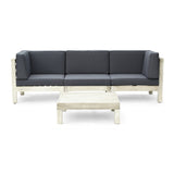 Brava Outdoor Modular Acacia Wood Sofa and Coffee Table Set with Cushions, Weathered Gray and Dark Gray Noble House