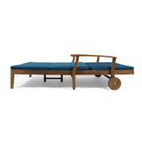 Perla Double Chaise Lounge for Yard and Patio, Acacia Wood Frame, Teak Finish with Blue Cushions Noble House