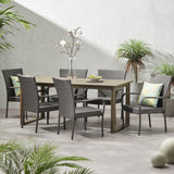 Noble House Nibley Outdoor Acacia Wood and Wicker 7 Piece Dining Set, Gray