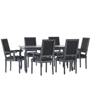 Noble House Marlette French Country Fabric Upholstered Wood Expandable 7 Piece Dining Set, Gray and Black