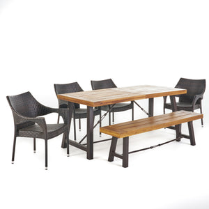 Montgomery Outdoor 6 Piece Teak Finished Acacia Wood Dining Set with Multibrown Wicker Stacking Chairs Noble House