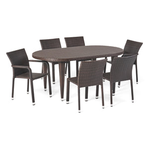 Evan Outdoor 7 Piece Multibrown Wicker Oval Dining Set with Armed and Armless Stacking Chairs Noble House