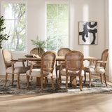 Noble House Mina French Country Wood and Cane 7 Piece Expandable Dining Set, Beige and Natural