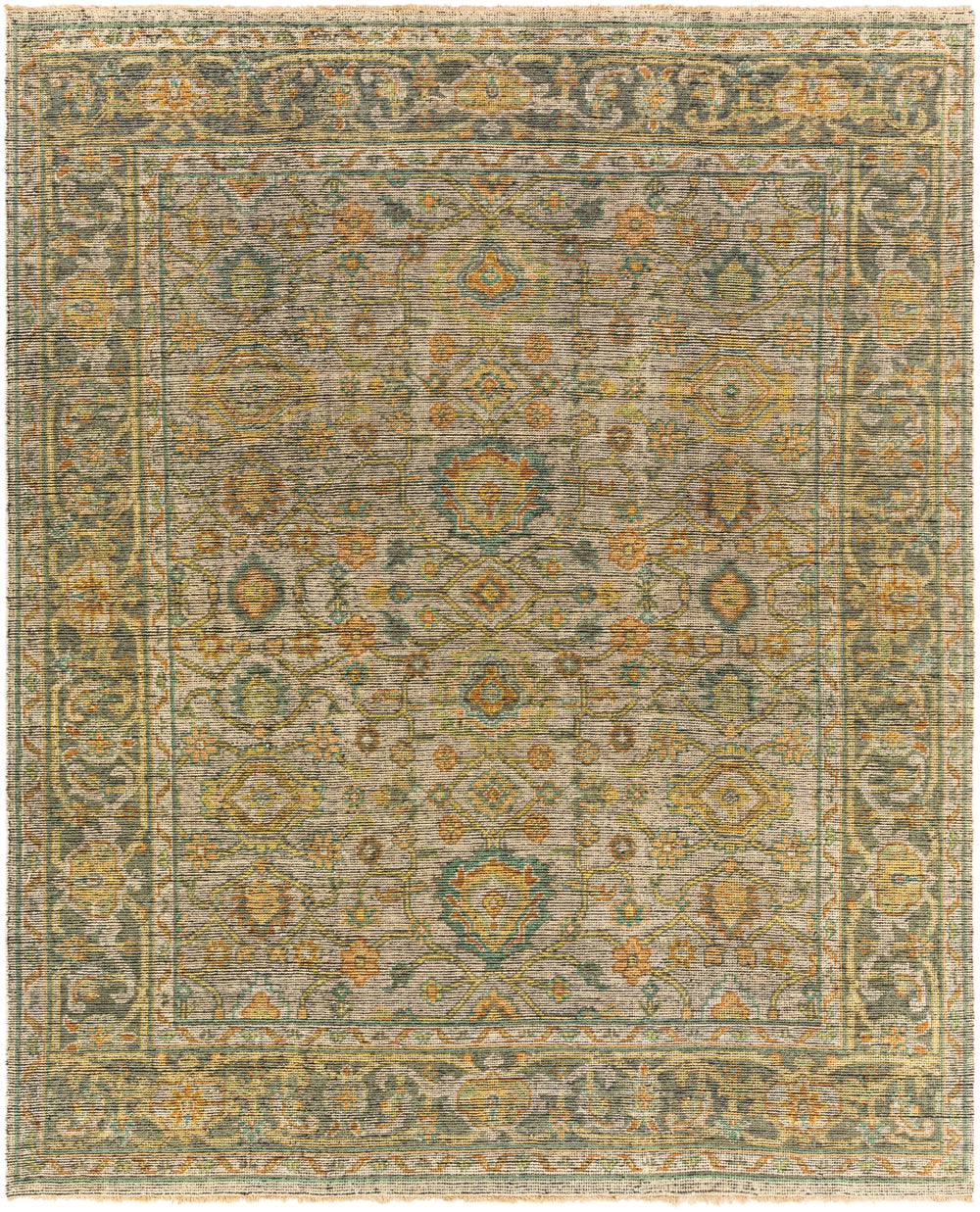 Reign REG-2305 Traditional NZ Wool Rug REG2305-912 Khaki, Black, Teal, Bright Yellow, Peach, Burnt Orange 100% NZ Wool 9' x 12'