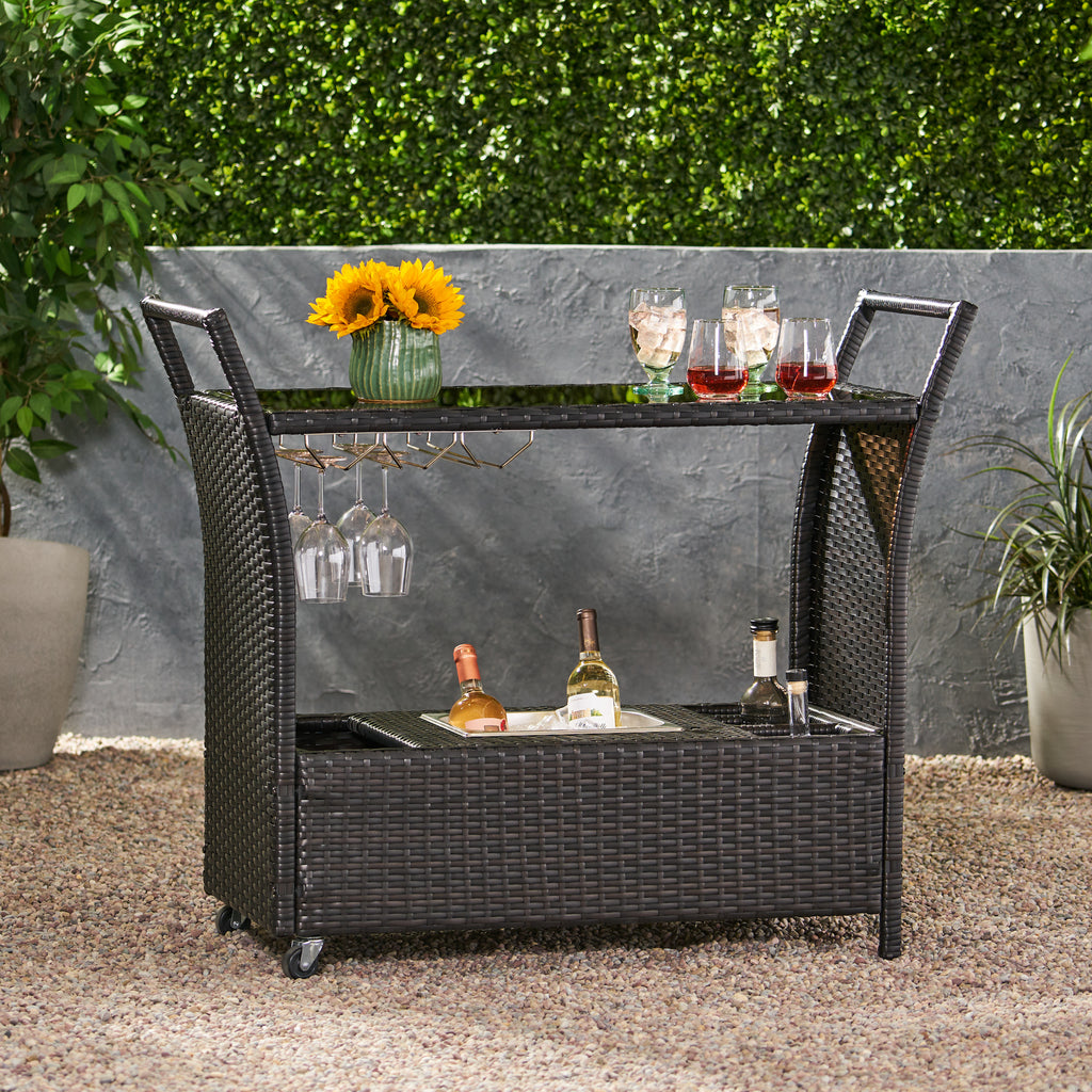 Bahama Outdoor Wicker Bar Cart with Tempered Glass Top, Multi-Brown Noble House
