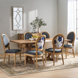 Noble House Derring French Country Fabric Upholstered Wood 7 Piece Dining Set, Dark Gray, Floral Print, and Natural