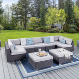 Santa Rosa Outdoor 7 Seater Wicker Sectional Sofa Set with Cushions, Grey with Silver Cushions Noble House