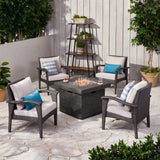 Keana Outdoor 4 Club Chair Chat Set with Fire Pit, Gray and Light Gray Noble House