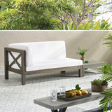 Brava Outdoor Acacia Wood Left Arm Loveseat and Coffee Table Set with Cushion, Gray and White Noble House