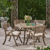 Noble House Hermosa Outdoor 5 Piece Acacia Wood Dining Set with Round Table, Gray and Crème 