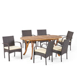 Mason Outdoor 7 Piece Acacia Wood and Wicker Dining Set, Teak with Multi Brown Chairs