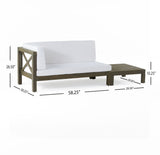 Brava Outdoor Acacia Wood Left Arm Loveseat and Coffee Table Set with Cushion, Gray and White Noble House