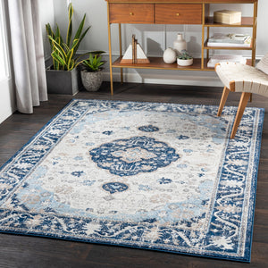 Remy RMY-2308 Traditional Polypropylene Rug RMY2308-71010 Denim, Dark Blue, Taupe, Camel, Charcoal, Medium Gray, Light Gray, White 100% Polypropylene 7'10" x 10'