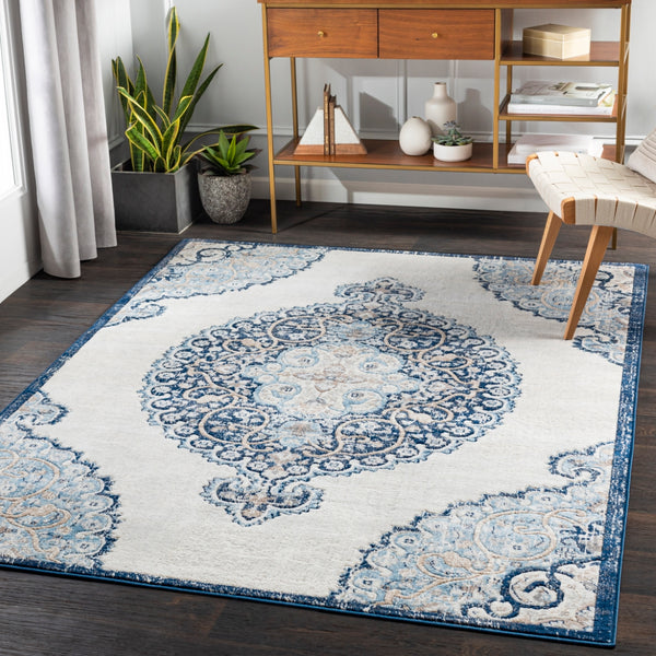 Remy RMY-2318 Traditional Polypropylene Rug RMY2318-71010 Dark Blue, Denim, White, Light Gray, Medium Gray, Charcoal, Taupe, Camel 100% Polypropylene 7'10" x 10'