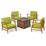 Havana Outdoor 4 Seater Teak Finished Acacia Wood Club Chairs with Green Water Resistant Cushions and Brown Fire Pit