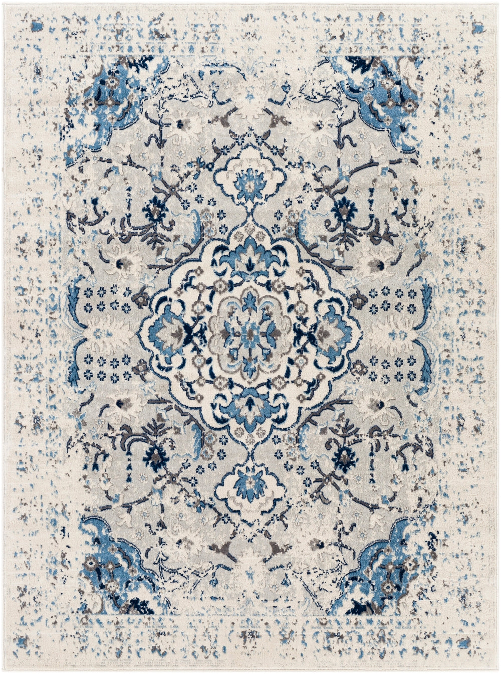 Roma ROM-2357 Traditional Polypropylene Rug ROM2357-9123 Cream, Sky Blue, Navy, Light Gray, Medium Gray, Charcoal 100% Polypropylene 9' x 12'3"