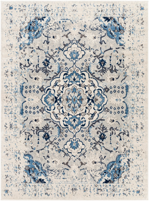 Roma ROM-2357 Traditional Polypropylene Rug ROM2357-9123 Cream, Sky Blue, Navy, Light Gray, Medium Gray, Charcoal 100% Polypropylene 9' x 12'3"