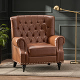 Sunapee Contemporary Tufted Recliner with Nailhead Trim,  Cognac Brown Faux Leather and Espresso Noble House