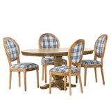 Noble House Dored French Country Fabric Upholstered Wood 5 Piece Dining Set, Dark Blue Plaid and Natural