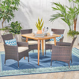 Coronados Outdoor 5 Piece Wood and Wicker Dining Set, Teak and Multi Brown Noble House