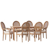 Noble House Bonview French Country Fabric Upholstered Wood and Cane Expandable 7 Piece Dining Set, Natural Brown and Beige