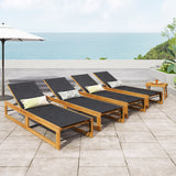 Noble House Emile Outdoor Mesh and Wood Adjustable Chaise Lounges (Set of 4), Black and Teak