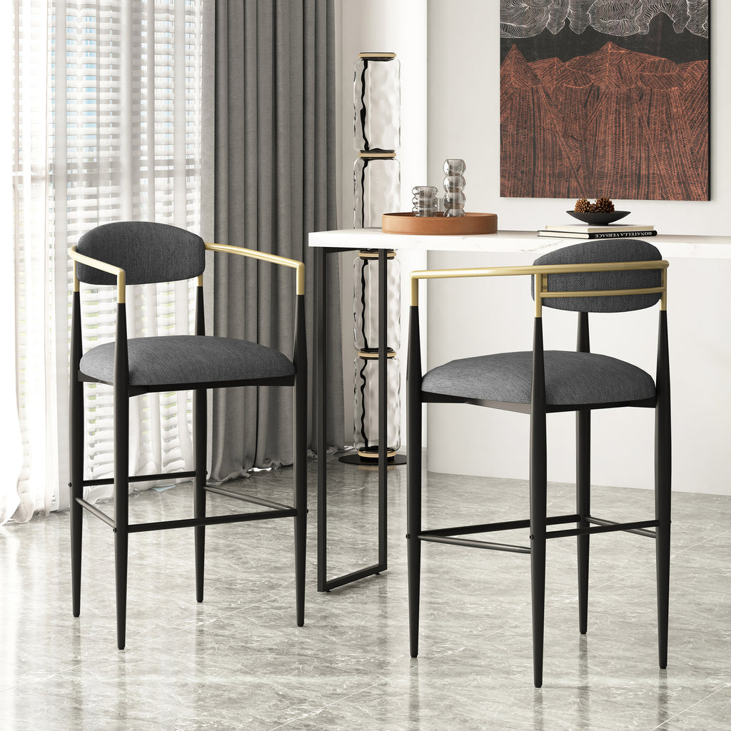 Noble House Elmore Modern Fabric Upholstered Iron 30 Inch Barstools (Set of 2), Charcoal, Black, and Gold