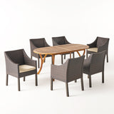 Vermont Outdoor 7 Piece Acacia Wood and Wicker Dining Set, Teak with Multi Brown Chairs