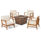 Mark Outdoor 4 Seater Teak Finished Acacia Wood Club Chairs with Cream Water Resistant Cushions and Brown Fire Pit