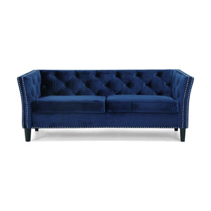 Chatwin Contemporary Tufted Velvet 3 Seater Sofa, Midnight Blue and Dark Brown Noble House