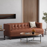 Raintree Mid Century Modern Faux Leather Tufted 3 Seater Sofa, Cognac Brown and Espresso Noble House