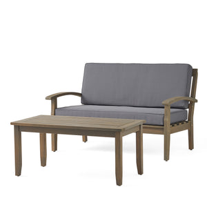 Peyton Outdoor Acacia Wood Loveseat and Coffee Table, Gray Noble House