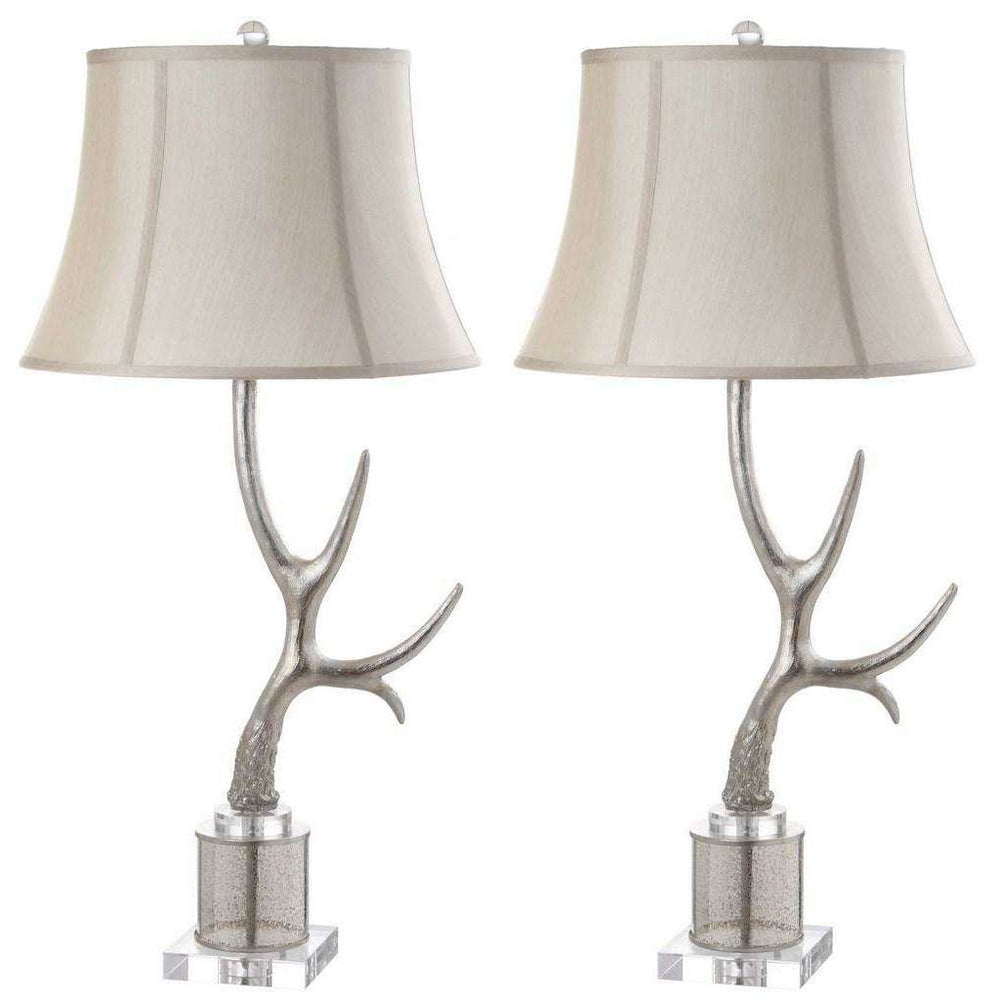 Adele Antler Table Lamp Set of 2 - Rustic Silver & Cream Design with Glass Base for Elegant Décor
