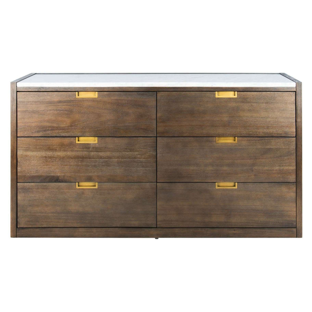 Adeline 6 Drawer Dresser in Dark Chocolate - Elegant Wood Design with Antique Brass Handles & Marble
