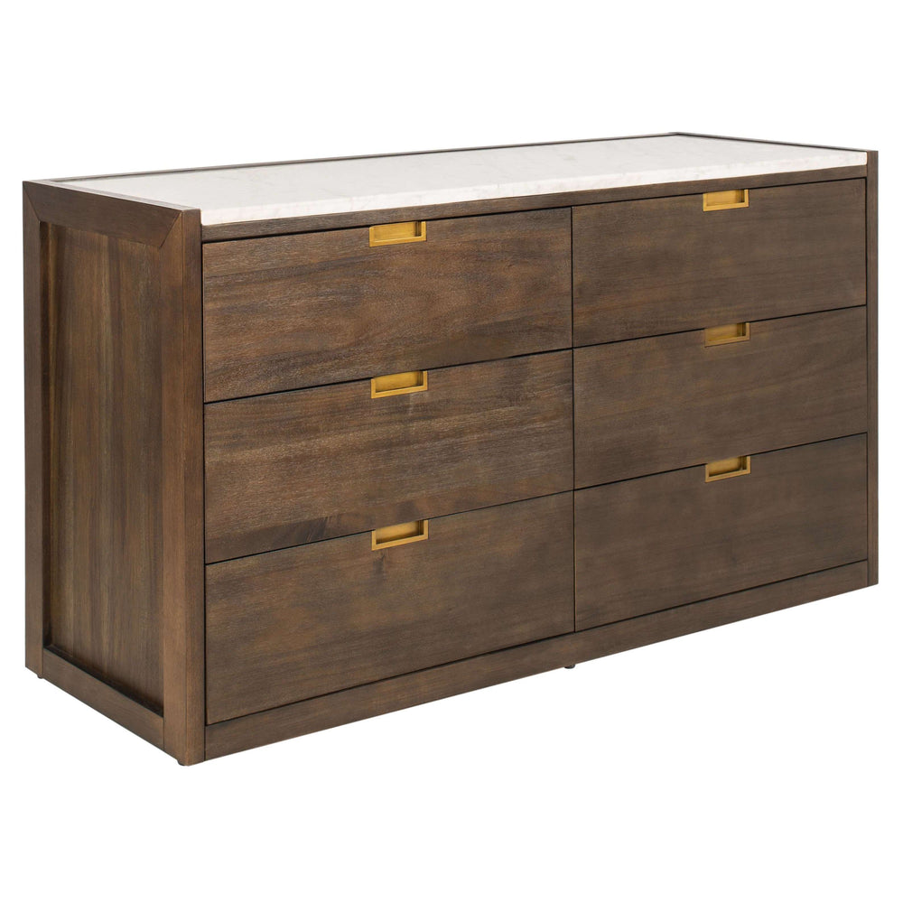 Adeline 6 Drawer Dresser in Dark Chocolate - Elegant Wood Design with Antique Brass Handles & Marble